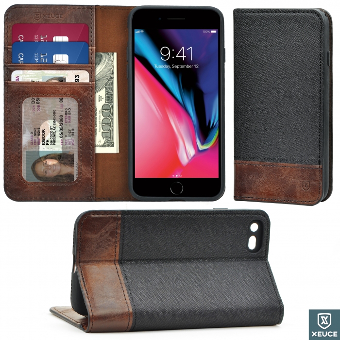 Shop New XEUCE iPhone 7 Plus / iPhone 8 Plus Folio Wallet Case (Black/Brown) Magnetic Flip Case ...